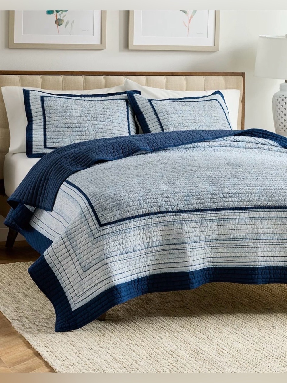 NWT Navy and Light Blue Quilted Twin Bedspread Set - Classic Stripe